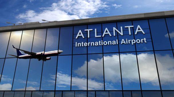 Aviones a reacción aterrizando en Atlanta, Georgia, EE.UU. Ilustración de representación 3D. Llegada a la ciudad con la terminal del aeropuerto de cristal y reflejo del avión. Concepto de viaje, turismo y transporte
. - Foto, Imagen
