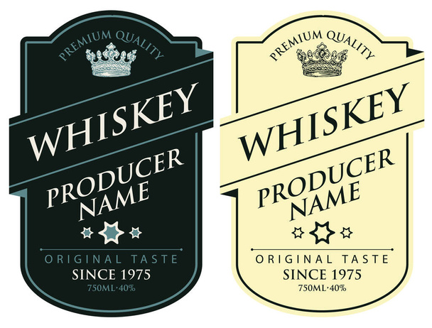 2つのベクトルラベルのセットは、レトロなスタイルでクラウンと碑文で構成されたフレーム内のウイスキーのために。プレミアム品質、強いアルコール飲料コレクション - ベクター画像