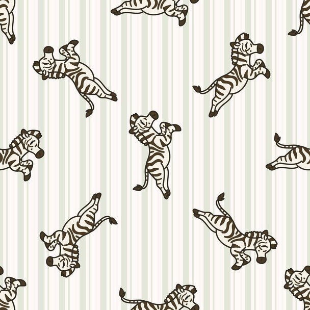 Aranyos rajzfilm ugrás zebra zökkenőmentes minta. Kawaii szafari állati háttér. Kézzel rajzolt gyerek motívum illusztráció firka lapos színű ellenőrzés háttér. EPS 10. - Vektor, kép