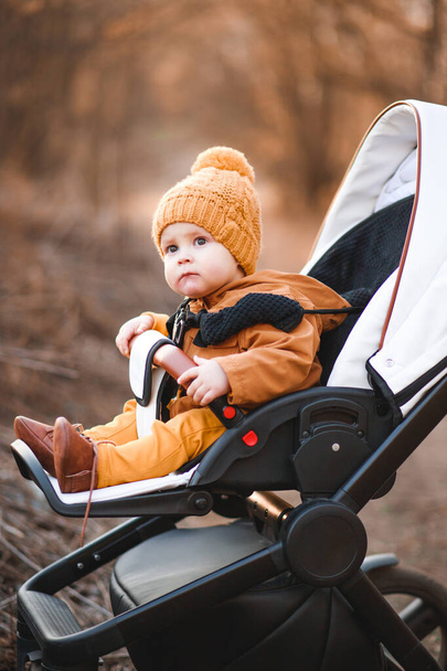 Chłopiec w ciepłej kurtce i kapeluszu siedzący w nowoczesnym wózku na spacerze po parku. Dziecko w buggy. - Zdjęcie, obraz