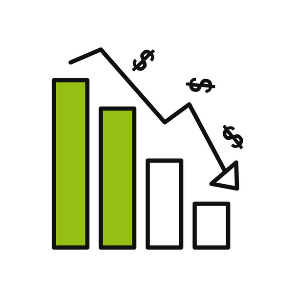 gráfico de barras gráficas con símbolos de dinero cayendo, medio color medio estilo de línea
 - Vector, Imagen