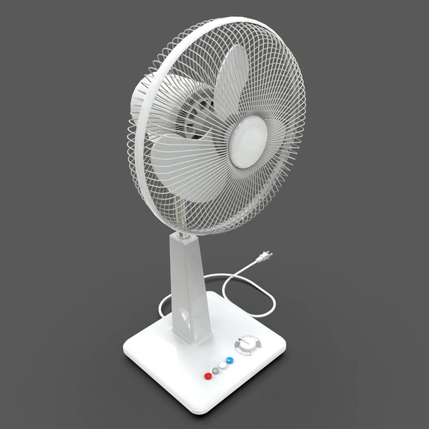 白い電気ファン。グレーの背景に立体モデル。スタンドにコントロールボタンが付いているファン。空気換気のためのシンプルなデバイス。3Dイラスト - 写真・画像
