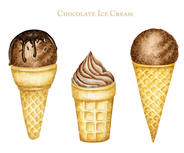 Various Chocolate ice-cream scoops decorated with chocolate in waffle cone set. Watercolor illustration isolated on white background - Photo, Image