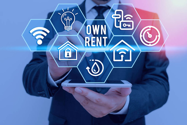 Conceptual hand writing showing Own Rent. Business photo showcasing tangible property is leased in exchange for a monthly payment. - Photo, Image
