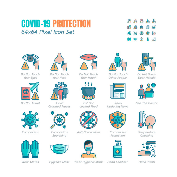 Yksinkertainen joukko Covid-19 Protection Flat kuvakkeet. Kuvakkeet ohjaavina suojatoimenpiteinä, koronaviruksen ehkäisy, hygieeninen terveydenhuolto, ratkaisu, tietoisuus, käsien pesu, kasvojen naamio jne. 64x64 Pikseli
 - Vektori, kuva