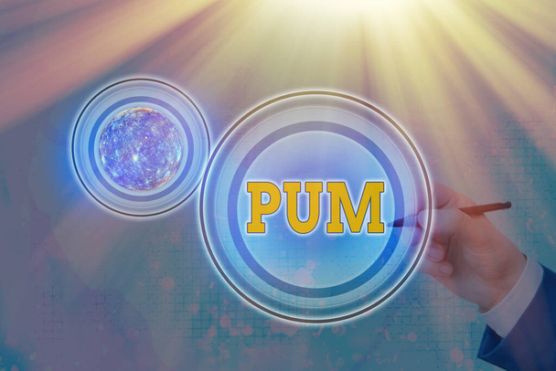 Text sign showing Pum. Conceptual photo unwanted change that can be performed by legitimate applications Elements of this image furnished by NASA. - Photo, Image