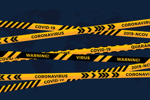 白い紙の上のベクトルバイオハザード危険黄色の黒いテープは、世界地図の背景をカット。安全フェンシングリボン。世界隔離インフルエンザ。危険性インフルエンザの危険を警告する。世界的なパンデミックコロナウイルスCOVID-19 - ベクター画像