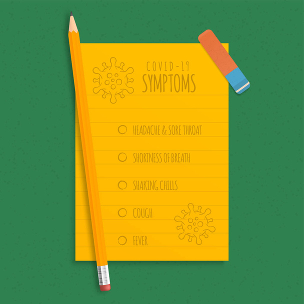 Symptômes du coronavirus qui sont écrits au crayon sur une feuille de papier orange. Bureau de l'école et quarantaine à cause du virus
.  - Vecteur, image