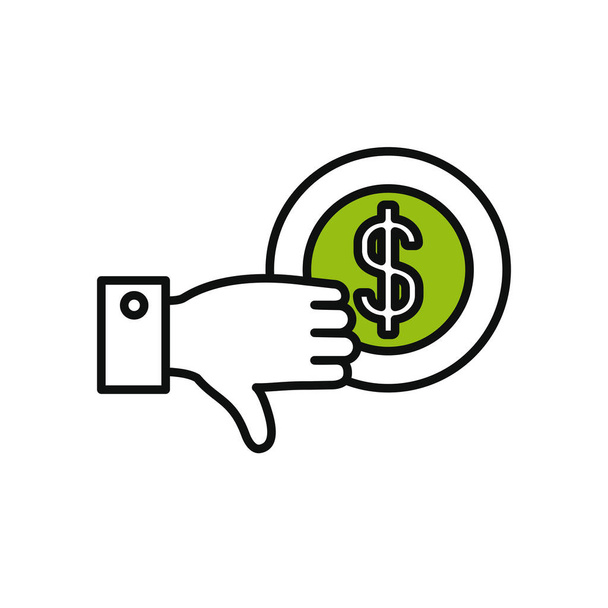 moneda de dinero y la mano con el pulgar hacia abajo, medio color medio estilo de línea
 - Vector, imagen