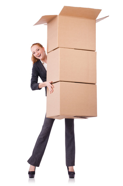 Donna donna d'affari con scatole su bianco
 - Foto, immagini