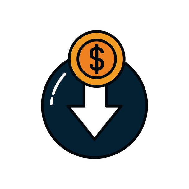 gota de aceite con moneda de dinero y flecha hacia abajo icono, línea y estilo de relleno
 - Vector, Imagen