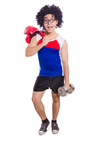 Funny man exercising with dumbbells - 写真・画像