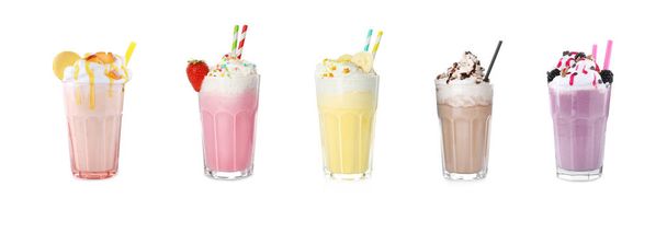 Set of glasses with different protein shakes on white background. Banner design - Foto, imagen