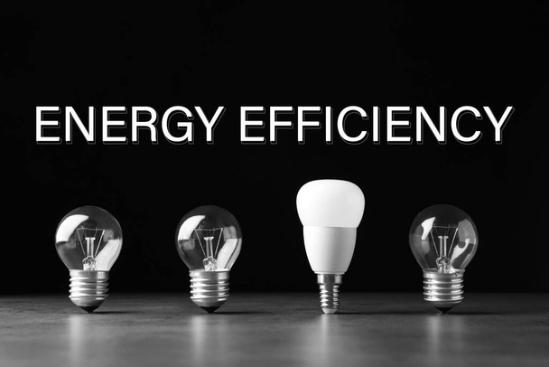 Energy efficiency concept. Incandescent and LED lamp bulbs on grey table - Fotoğraf, Görsel