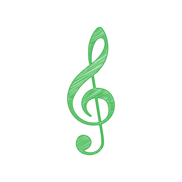 Muziek viool sleutel teken. G-sleutel. Driedubbele sleutel. Groene krabbel pictogram met solide contour op witte achtergrond. - Vector, afbeelding