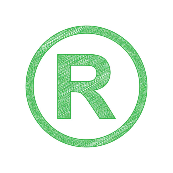 Eingetragenes Markenzeichen. Grünes Kritzelsymbol mit fester Kontur auf weißem Hintergrund. - Vektor, Bild