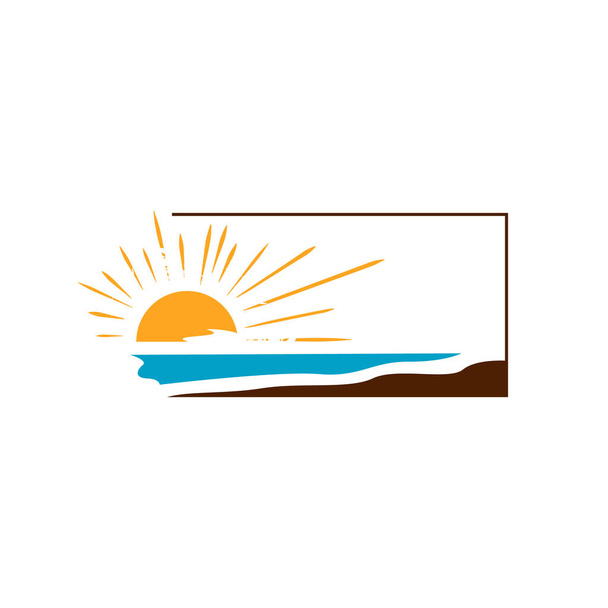 Einfache Sonnenuntergang Logo Design Vektor der gelben Sonne und blauen Meereswellen auf dem Rahmen Illustration - Vektor, Bild