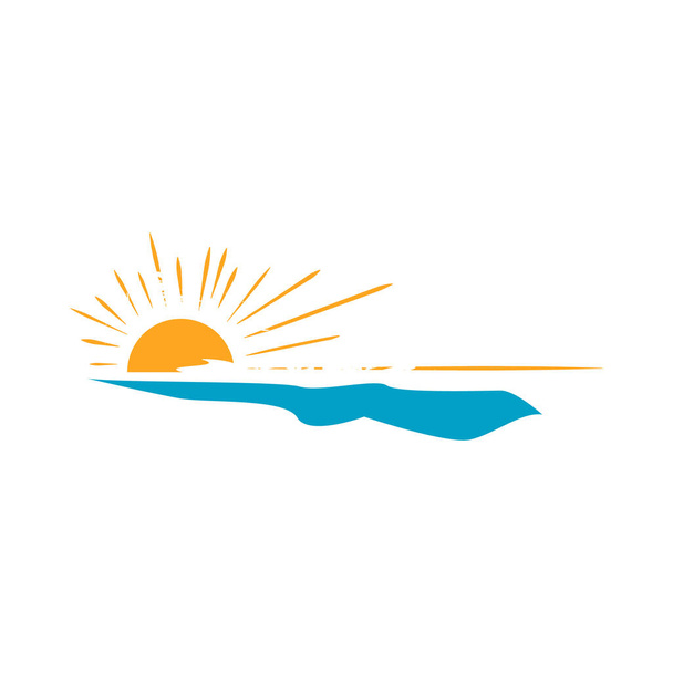 diseño simple del logotipo del atardecer vector de sol amarillo y olas azules del mar en la ilustración del marco - Vector, imagen