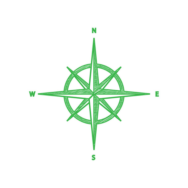 Segno di rosa del vento. Icona scarabocchiare verde con contorno solido su sfondo bianco
. - Vettoriali, immagini