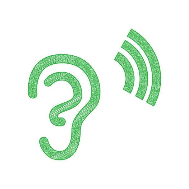 Menschliche Anatomie. Ohrenschild mit Schallwelle. Grünes Kritzelsymbol mit fester Kontur auf weißem Hintergrund. - Vektor, Bild