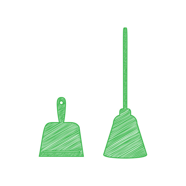 Dustpan equipment. Green scribble Icon with solid contour on white background. - Vector, Image
