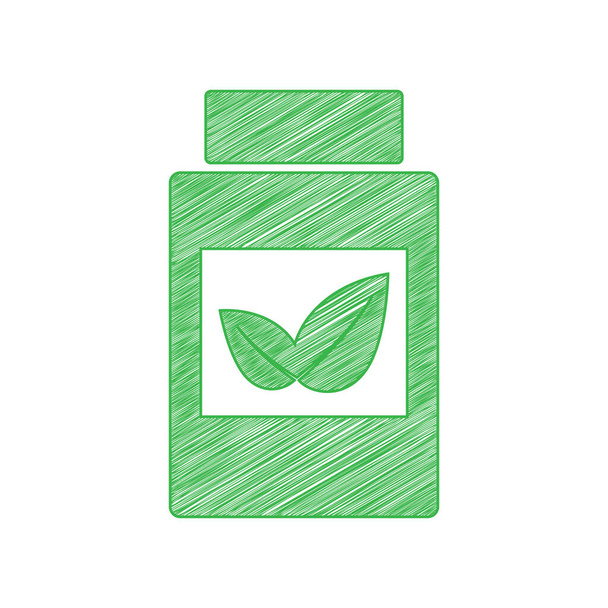Supplementen container teken. Groene krabbel pictogram met solide contour op witte achtergrond. - Vector, afbeelding