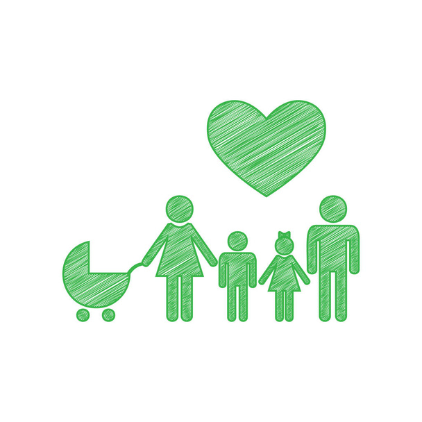 Egy család szívvel. Férj, feleség babával és gyerekkel. Zöld firka ikon szilárd kontúr fehér háttér. - Vektor, kép