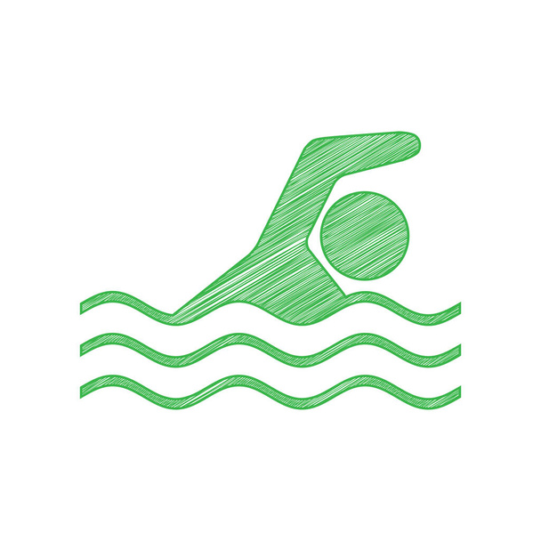 Знак спорту з плавальної води. Зелена піктограма писаря з суцільним контуром на білому тлі
. - Вектор, зображення