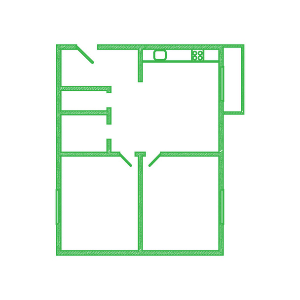 Grundrisse von Mehrfamilienhäusern. Grünes Kritzelsymbol mit fester Kontur auf weißem Hintergrund. - Vektor, Bild