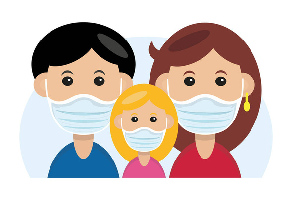 Οικογένεια με ιατρική μάσκα στο πρόσωπο σε λευκό φόντο. Προστασία από τον κορωνοϊό, τον ιό COVID-19. Εικονογράφηση διανύσματος EPS 10. - Διάνυσμα, εικόνα