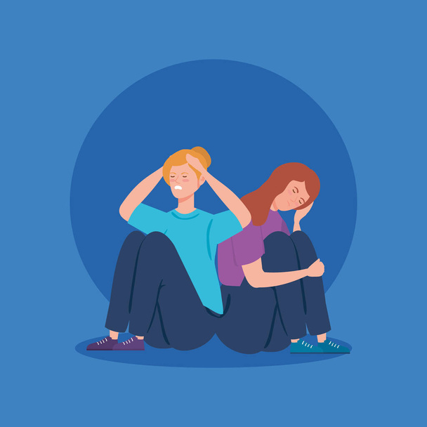 жінки сидять у підлозі зі стресовим нападом
 - Вектор, зображення