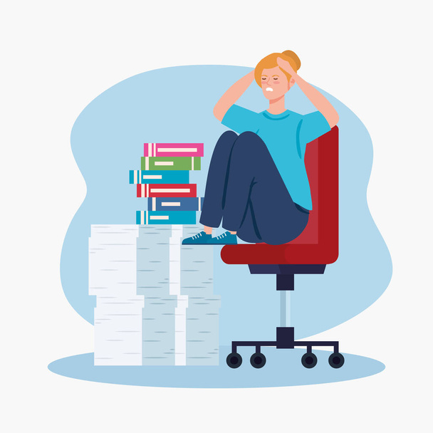woman sitting in chair with stress attack and stack of documents - Vector, Image