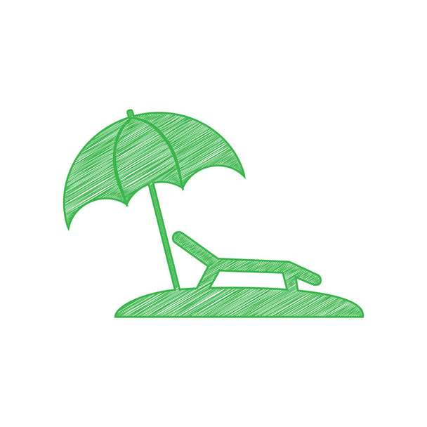 Tropisch resort strand. Ligstoel teken. Groene krabbel pictogram met solide contour op witte achtergrond. - Vector, afbeelding