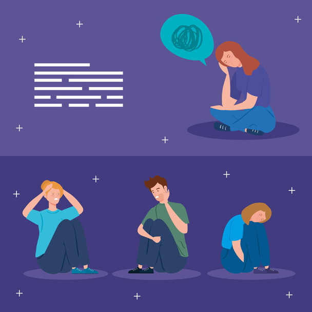 set scenes of people sitting with stress attack - Vector, Image