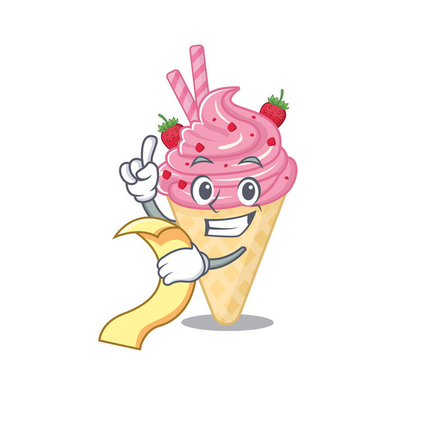 Strawberry ice cream mascot character design with a menu on his hand - Vetor, Imagem