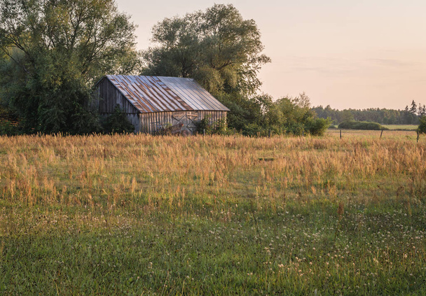 Evening view on the meadows and wooden barn in Masovia region of Poland - Φωτογραφία, εικόνα