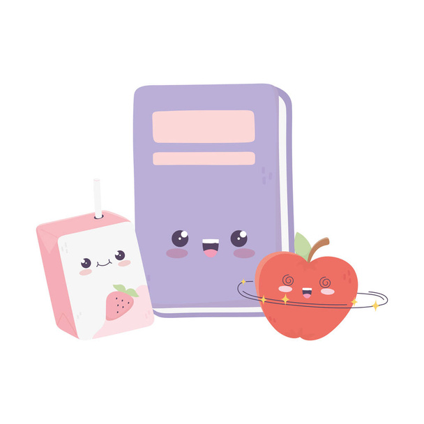 χαριτωμένο βιβλίο μήλο και χυμό κουτί Kawaii χαρακτήρα κινουμένων σχεδίων - Διάνυσμα, εικόνα