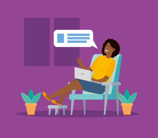 woman afro working in telecommuting sitting in chair - Vector, Image