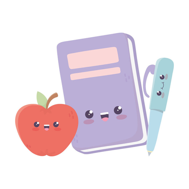 cute book pen and apple kawaii cartoon character - Vector, Image