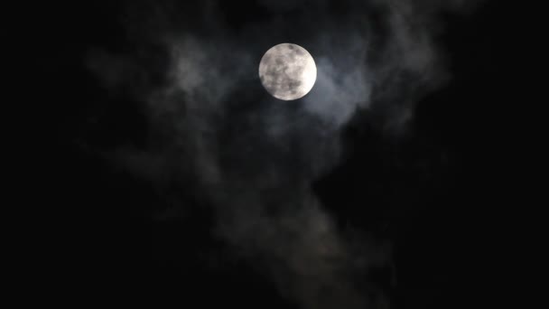 Mooie volle maan schijnt helder op donkere hemel. Snelle bewegende zwarte wolken passeren 's nachts over de maan, in real time. Buiten 's nachts. - Video