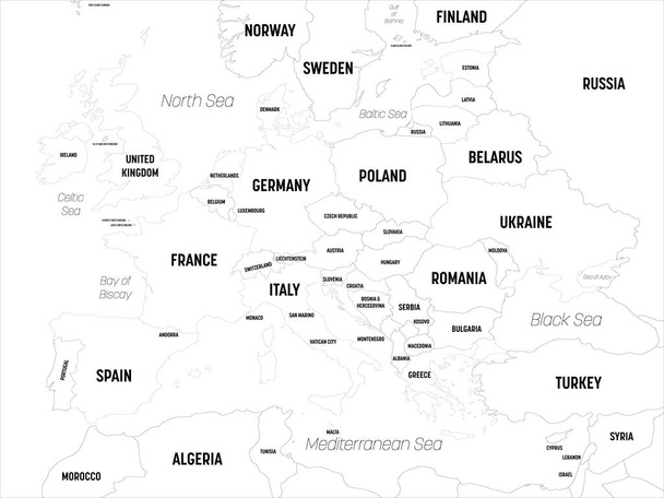 Χάρτης Ευρώπης. Υψηλός λεπτομερής πολιτικός χάρτης της ευρωπαϊκής ηπείρου με σήμανση ονομάτων χώρας, κεφαλαίου, ωκεανών και θάλασσας - Διάνυσμα, εικόνα
