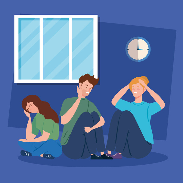 young people sitting in floor with stress attack - Vector, Image