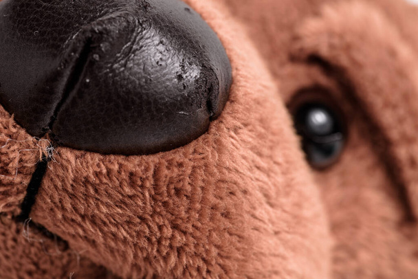 close-up van een bruine pluche hond. speeltjes, huisdier, kind, kindertijd. - Foto, afbeelding