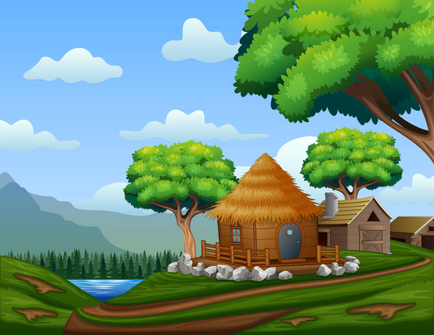 Casa del granero de dibujos animados con una cabaña en la colina
 - Vector, imagen