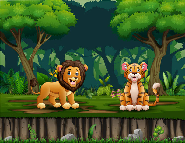 Rajzfilm oroszlán és tigris él a dzsungelben - Vektor, kép