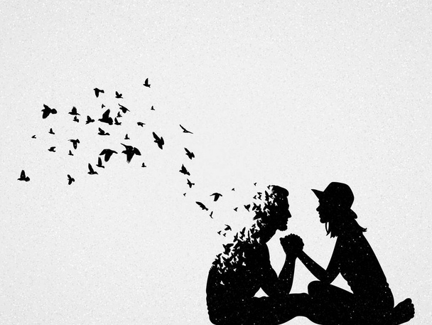 Silhouette of lovers and flying birds. Conceptual vector illustration about loss of loved one, loneliness and death. Sad mystical background for design, prints, covers, t-shirts - Vettoriali, immagini