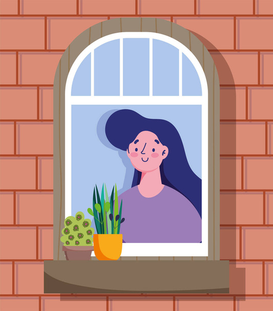 Μείνετε στο σπίτι καραντίνα, γυναίκα κοιτάζοντας το παράθυρο με το φυτό σε γλάστρα, πρόσοψη του κτιρίου τούβλο - Διάνυσμα, εικόνα