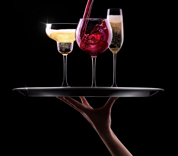Set with different drinks on black background - Photo, image