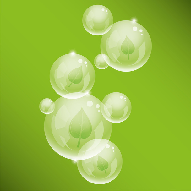 vector bubbels en groene bladeren - Vector, afbeelding
