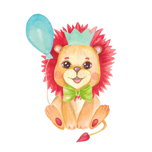 Ilustración en acuarela de un lindo cachorro de león bebé. Carácter festivo en una corona, arco, globo Safari animal para tarjetas de invitación, baby shower, guardería arte de la pared
 - Foto, imagen